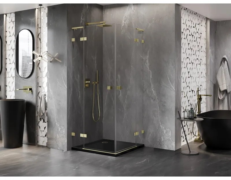 Mexen Lunar, L Duo výklopný sprchový kút 85 x 85 cm, 8mm číre sklo, zlatý matný profil, 834L-085L-085P-55-00