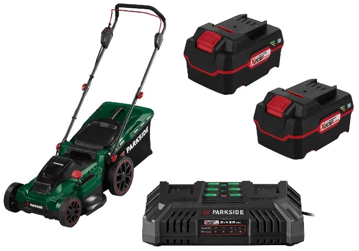 Parkside® Aku kosačka Prma 40-Li D2 + Dvojitá nabíjačka na akumulátor 20 V/4,5 A + Akumulátor 20 V 4 Ah, 2 kusy (800011498)