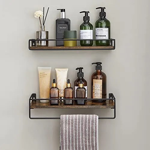 Sada 2 nástenných políc, plávajúce police s tyčou, rustikálne hnedé