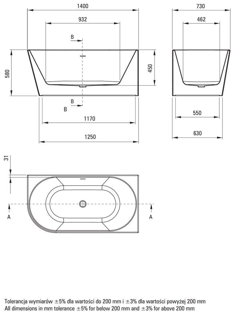 Deante Silia, voľne stojaca vaňu ku stenu 1400x730x580 mm, pravá, DEA-KDS_014P