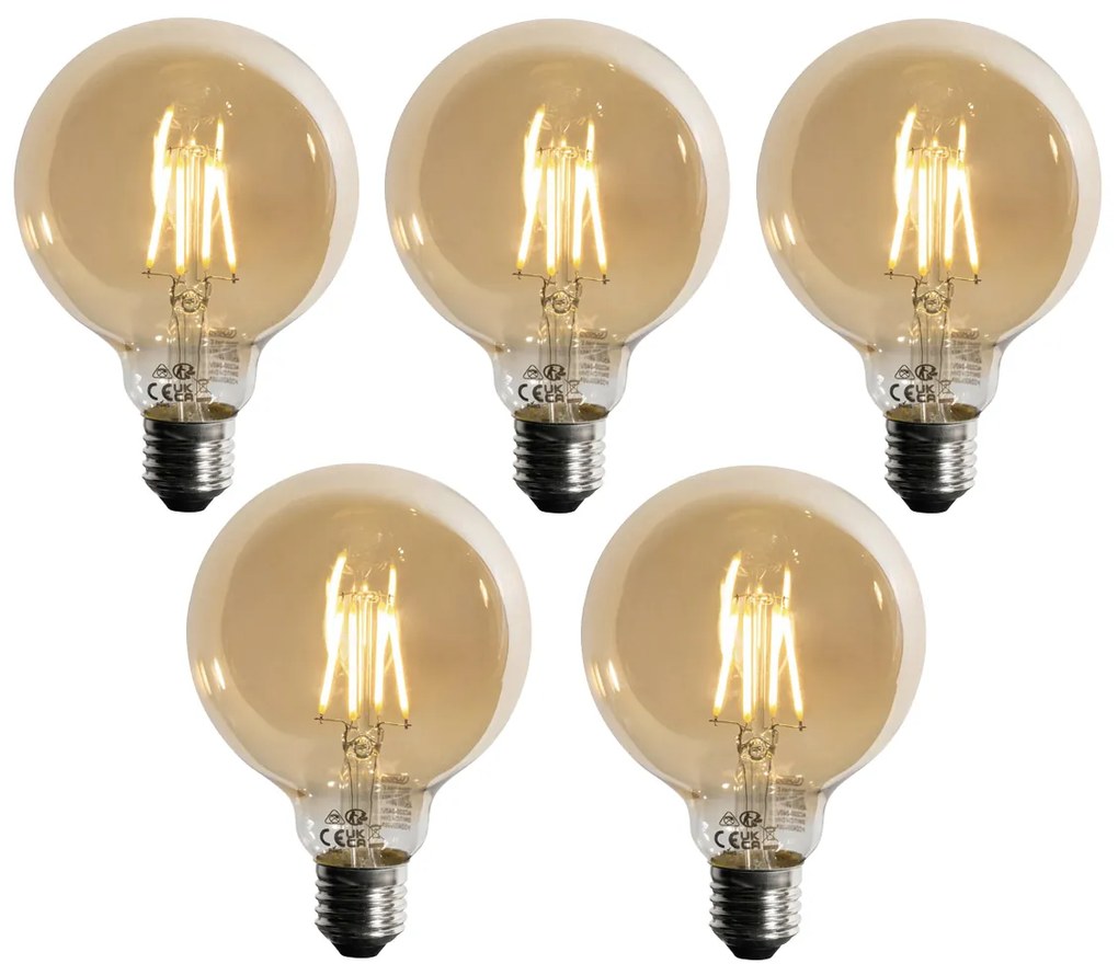 Sada 5 ks E27 3-stupňová stmievateľná LED žiarovka zlatá G95 4W 450lm 2700K