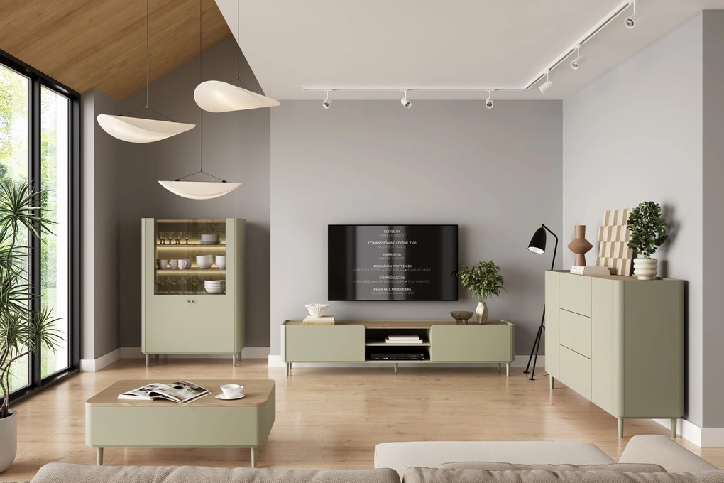 TV stolík Elivo 220 cm na nožičkách - eukalyptus / dub baltic dune