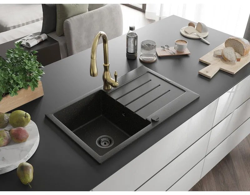 Mexen Bruno, 1-komorový granitový drez 795x495x200 mm a drezová batéria Savita, čierna-zlatá metalíza, 6513-75-672601-50-B