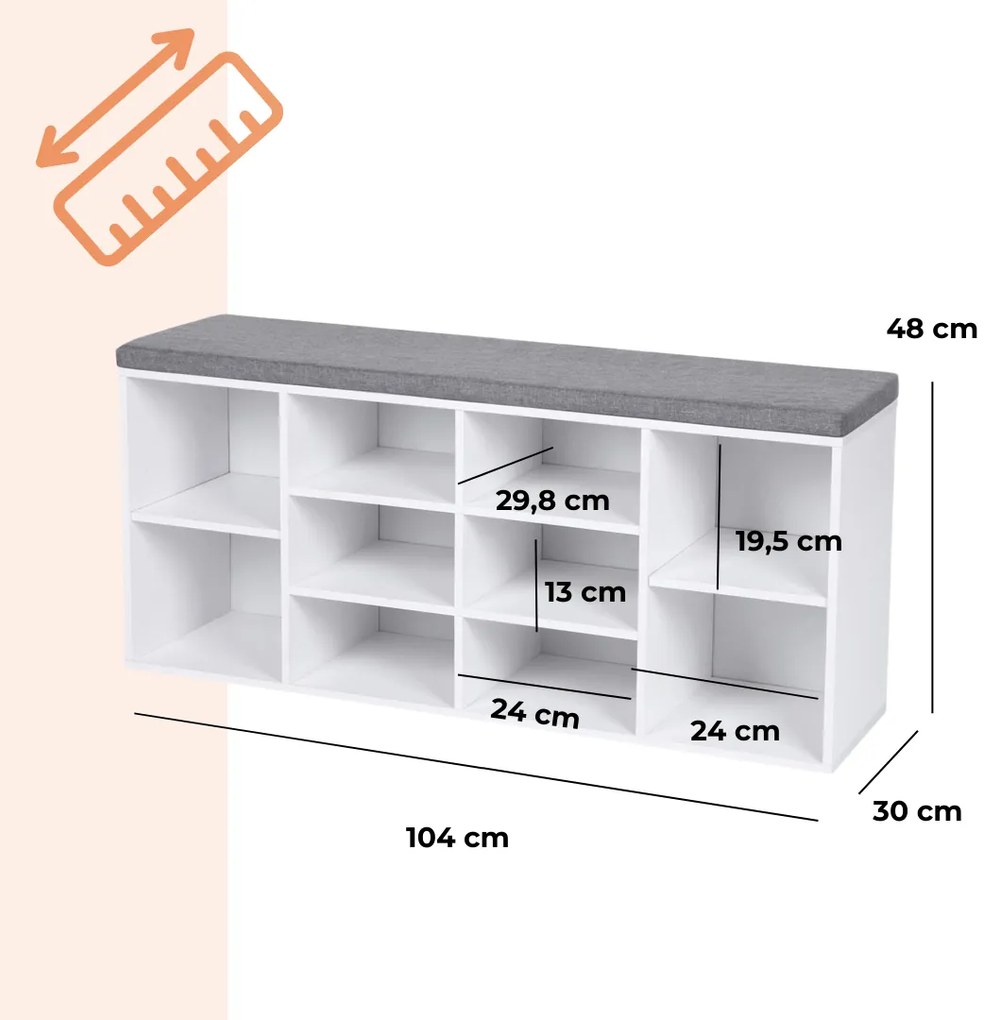 Botník s čalúnenou lavicou GABI, 10 priehradiek, 104x30x48cm, šedá/biela Jurhan