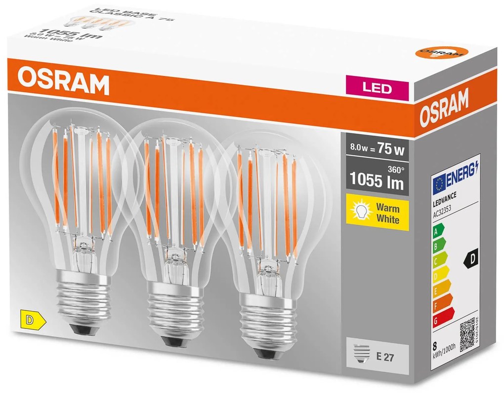 OSRAM filament LED žiarovka E27 Base 7,5W 2700K 3k