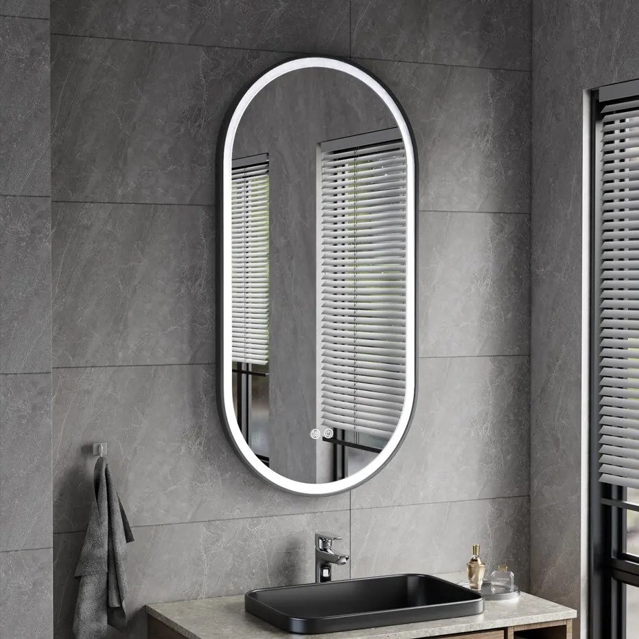 Erga Gwen, oválne LED zrkadlo 50x100cm v čiernom kovovom ráme, 3 farby svetla, predné osvetlenie, vyhrievacia podložka proti zapareniu, ERG-V01-GWEN-5010-BK