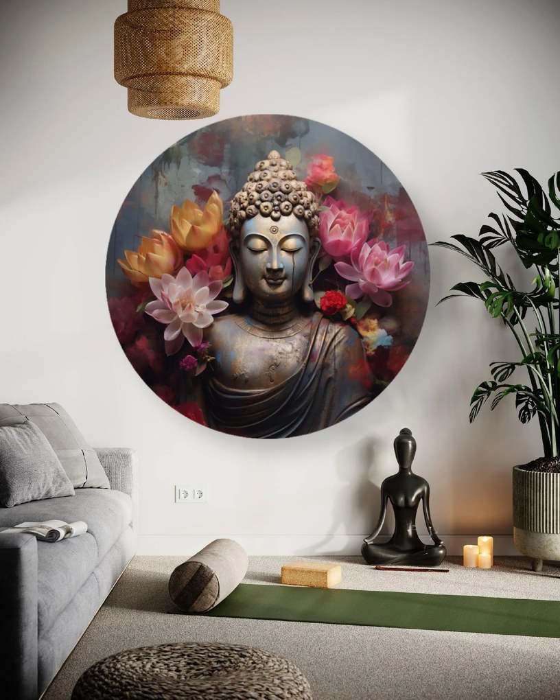 Gario Okrúhly obraz na plátne Budha obklopený kvetmi Rozmery: 40 x 40 cm