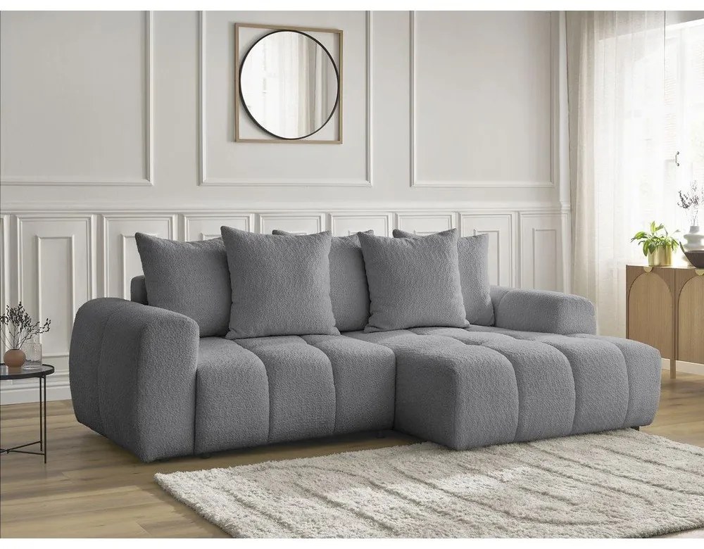 Sivá rozkladacia/s úložným priestorom rohová pohovka z textílie buklé (pravý roh/s leňoškou) Roxelane – Bobochic Paris