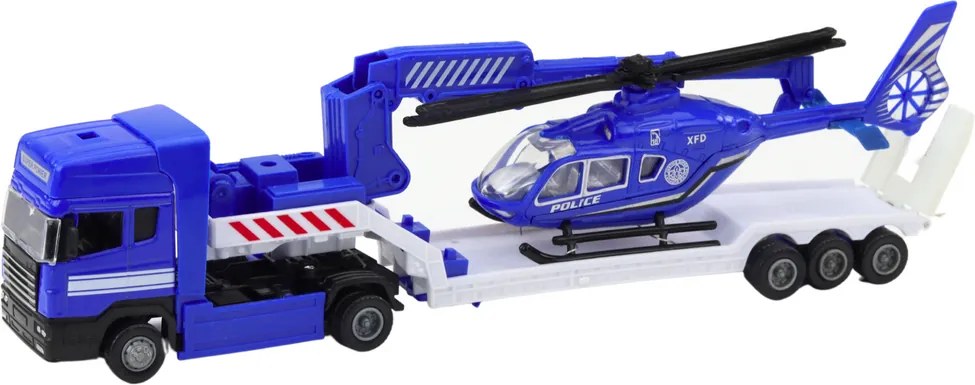 LEAN Toys Súprava: Policajné auto, záchranné vozidlo, loď, nákladné auto, vrtuľník – modrá