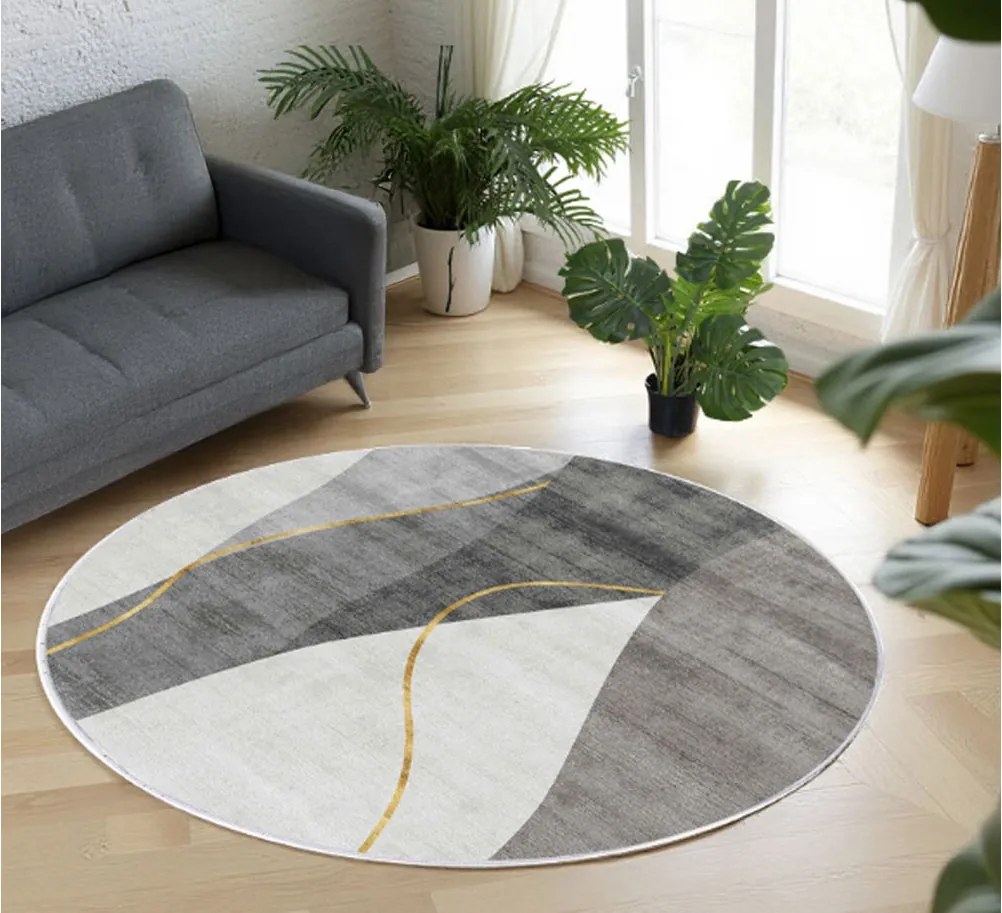 Okrúhly koberec Stela – abstraktný vzor, sivá a zlatá Rozmer: 160 cm