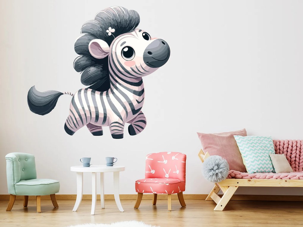 Veselá zebra textilní prelepiteľná nálepka na stenu list 45 x 41 cm