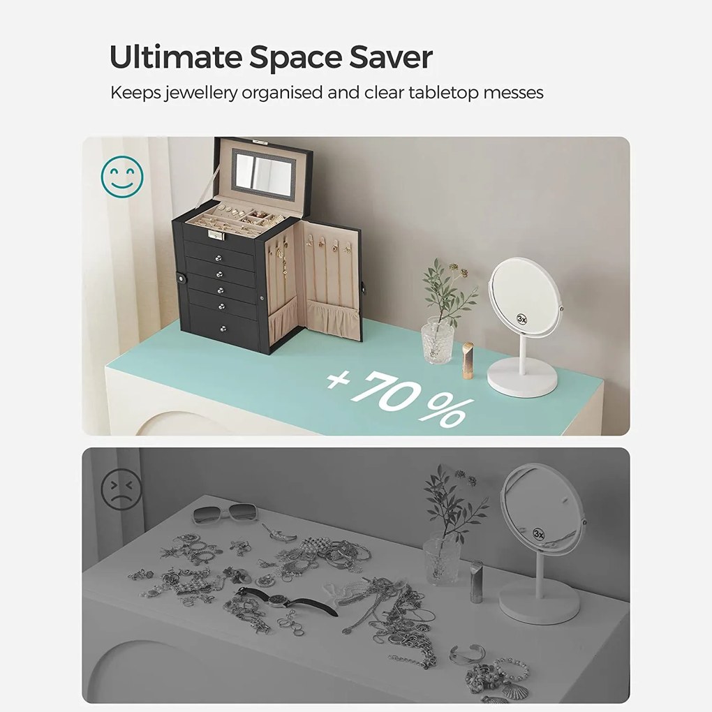 6-úrovňová šperkovnica so zrkadlom a sponou, 5 zásuvkami, čierna