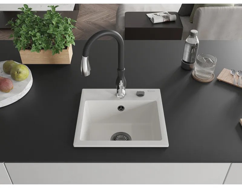 Mexen Milo, 1-komorový granitový drez 435x410x171 mm a drezová batéria Savita, biela, 6505-20-672601-70