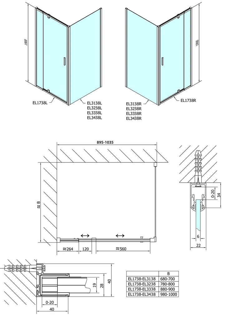 Polysan Polysan, Easy Line obdĺžniková/štvorcová sprchová zástena pivot dvere 900-1000x900mm L/P,brick sklo, EL1738EL3338