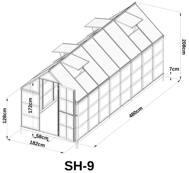 Skleník so základňou BestBerg SH-9 / 9 m² / 480 x 182 x 208 cm / strieborná