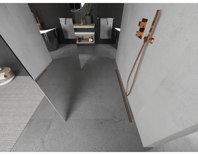 Mexen Kioto, priechodná sprchová zástena 100 x 200 cm, 8mm sklo s efektom zrkadla, 2x stabilizačná rozpera, ružové zlato, 800-100-002-60-50