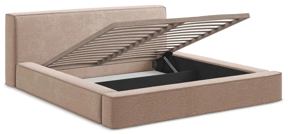 Svetloružová čalúnená dvojlôžková posteľ s úložným priestorom s roštom 160x200 cm Noho – Makamii