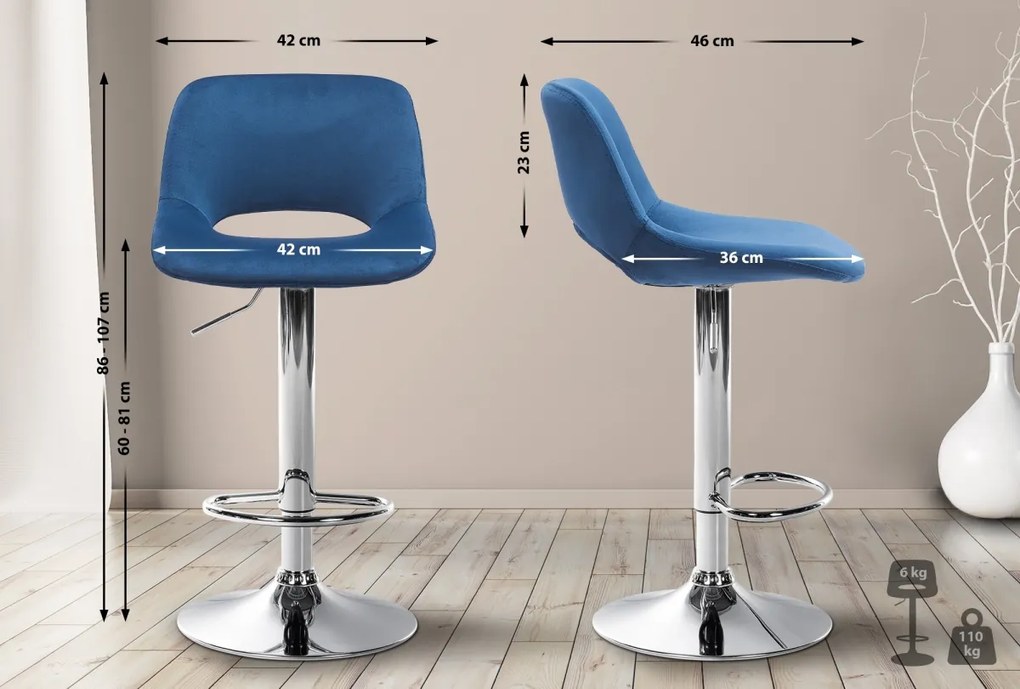 Barová stolička Camden - zamat, chróm rám - Modrá