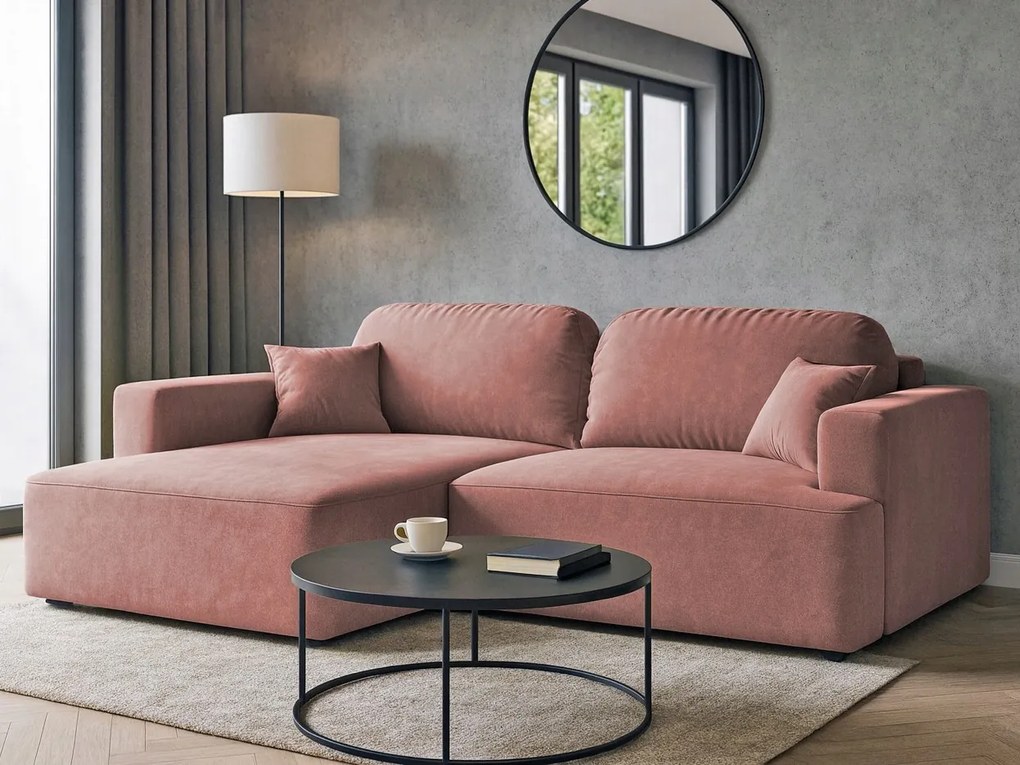 Rohová sedačka s funkciou spania Sunny ľavá s úložným priestorom na posteľnú bielizeň, ružový velúr