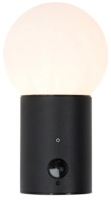 Vonkajšia nástenná lampa čierna s opálovým sklom s pohybovým senzorom - Huma