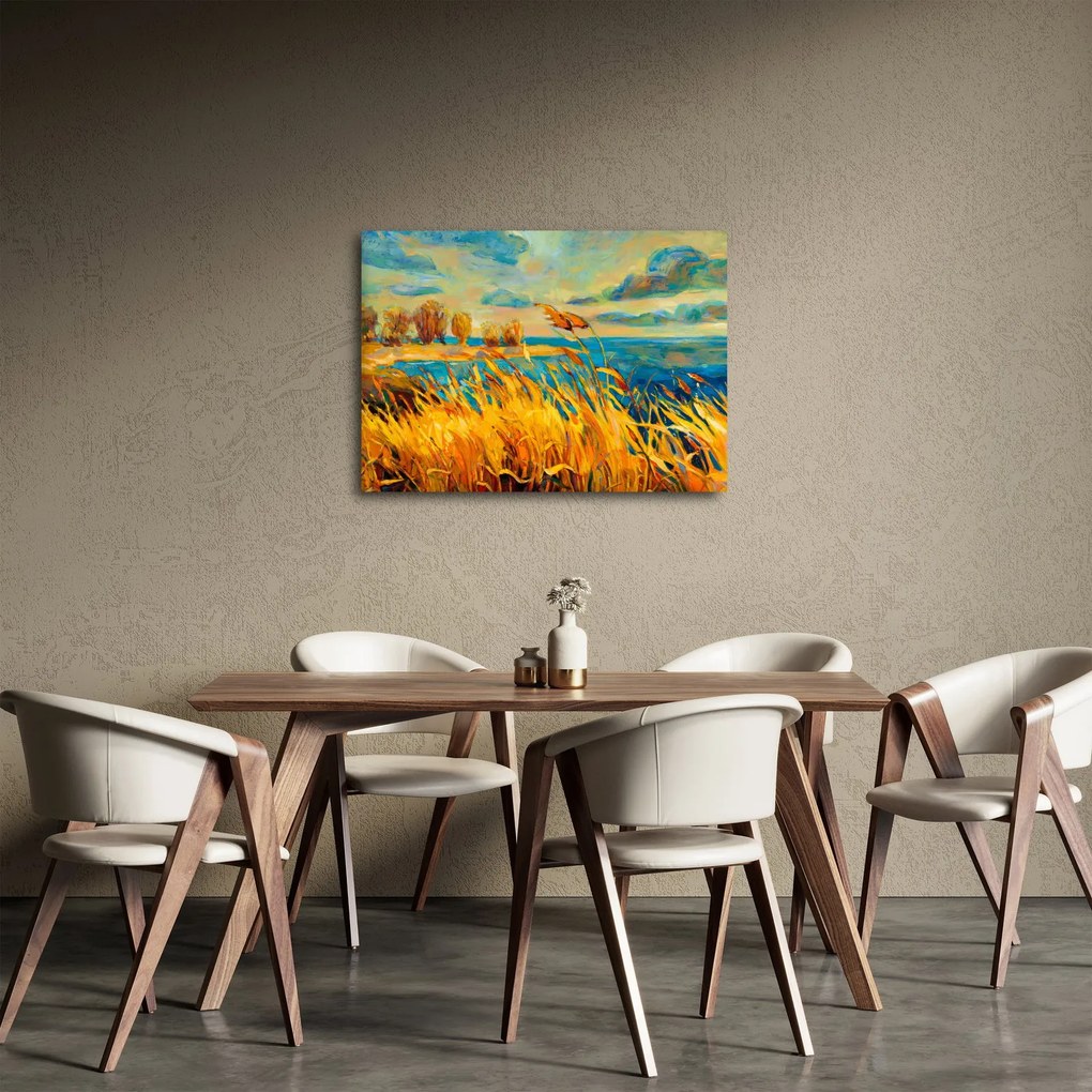 Obraz - Západajúce slnko nad jazerom, akrylová maľba (70x50 cm)
