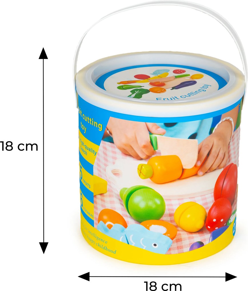 MULTISTORE Drevená súprava ovocia a zeleniny na krájanie – 13 dielov, vedierko, pre deti 3+