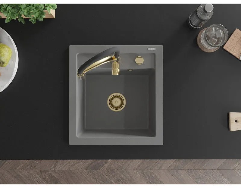 Mexen Vito, 1-komorový granitový drez 490x520x210 mm a drezová batéria Aster, šedá, 6503-71-73450-57-G