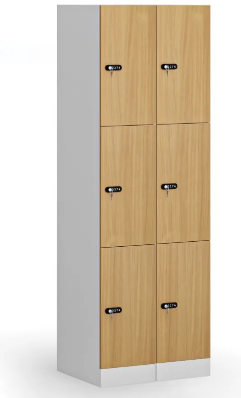 Šatníková skrinka S1 s úložnými boxmi, 3 boxy, 1850 x 300 x 500 mm, demont, mechanický kódový zámok, laminované dvere, orech