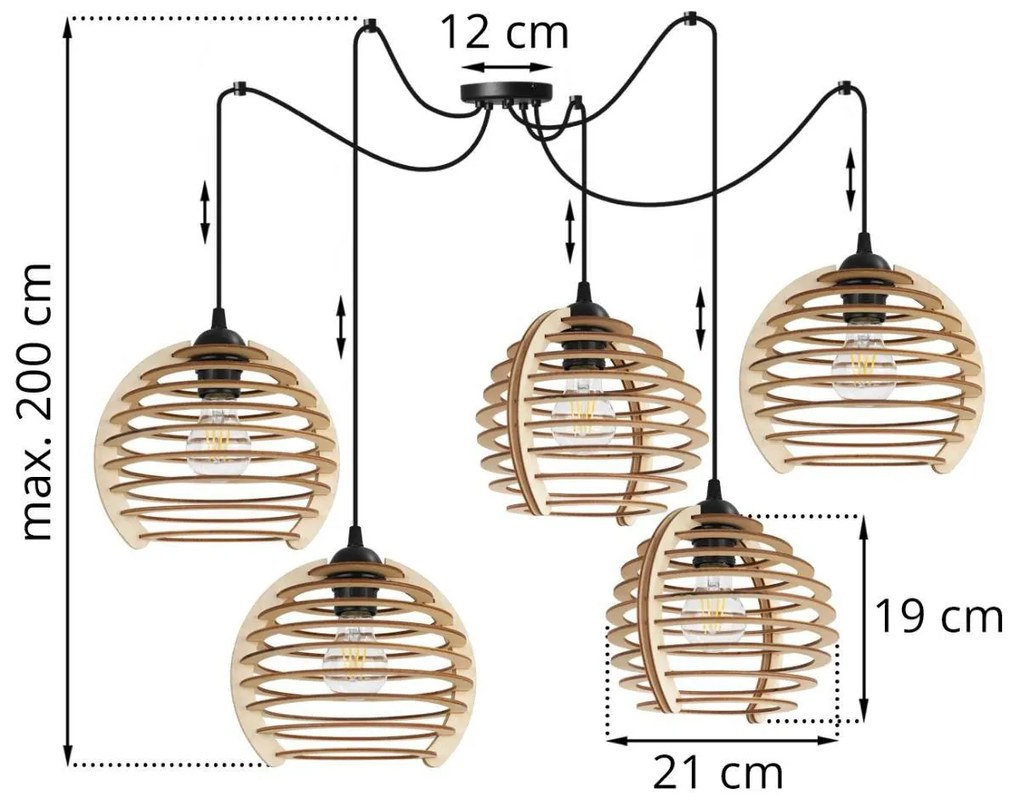 Závesné svietidlo Timber Spider, 5x drevené tienidlo, n