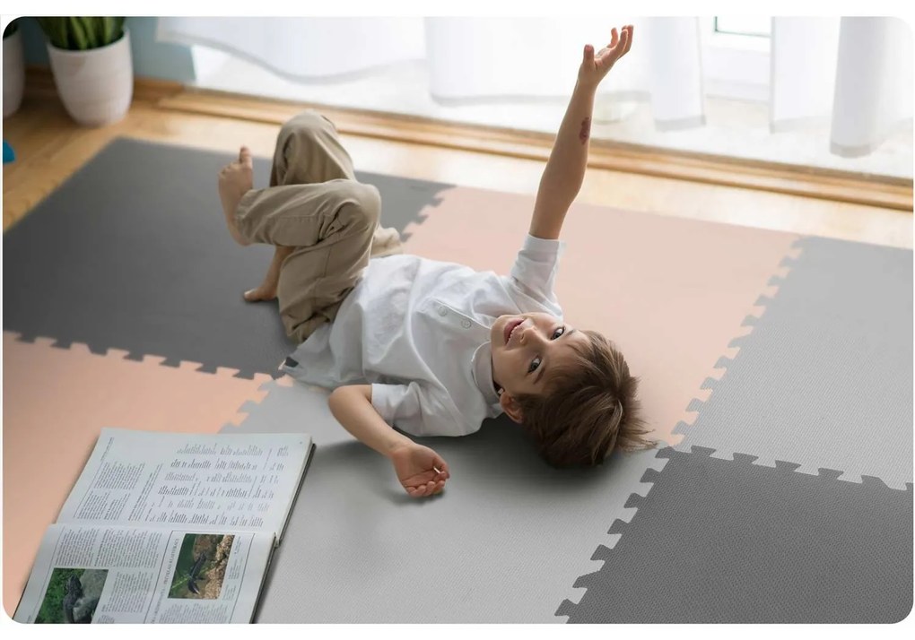 Duża mata piankowa puzzle Ricokids 180x180cm 9 szt szaro-brzoskwiniowa