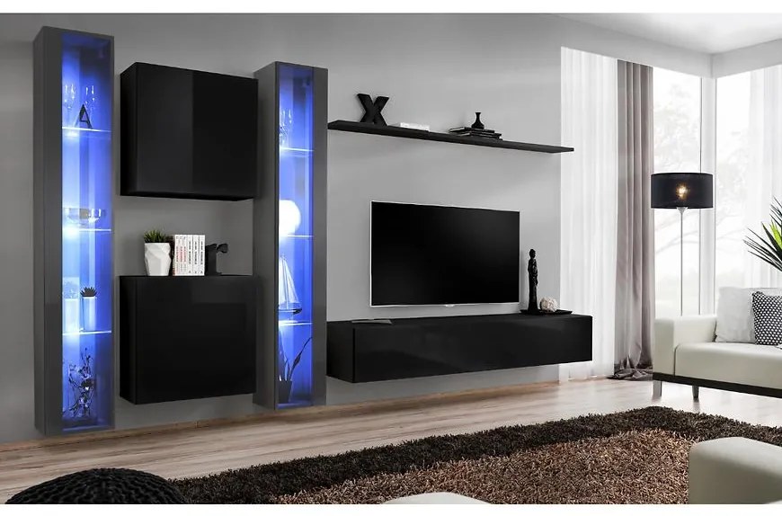 Obývacia stena Switch XVI Sklo +LED Grafit/čierna