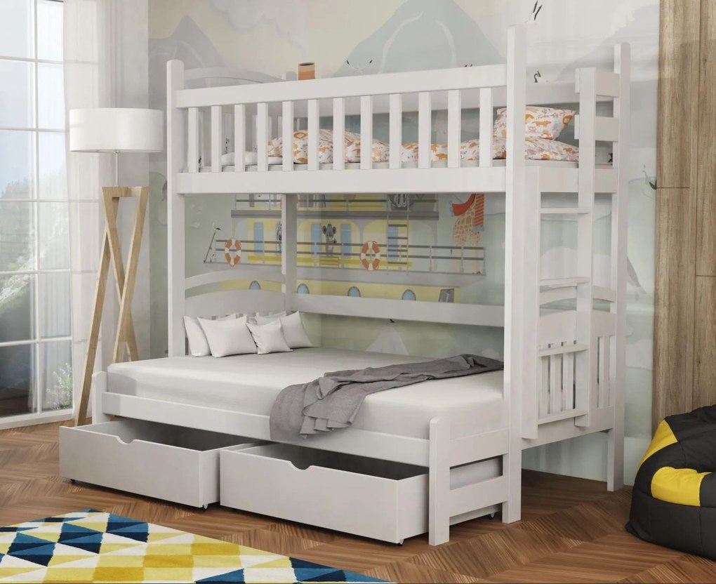 Detská poschodová posteľ z masívu borovice s rozšíreným spodným lôžkom LUKÁŠ so šuplíkmi - 200x90/140 cm - BIELA