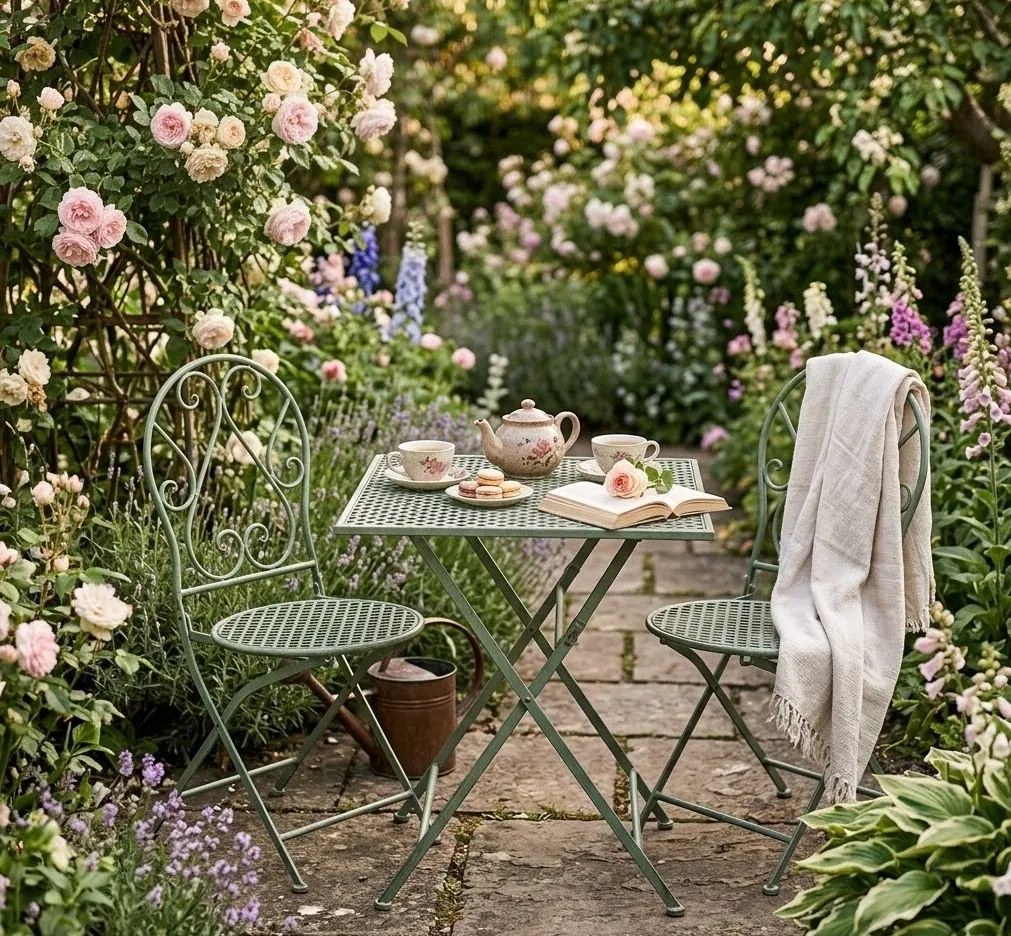 Zelený skladací záhradný kovový Bistro set stôl a 2 stoličky - 60*60*70cm / 50*40*93 cm