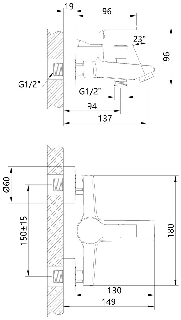Invena Bralos, nástenná vaňová batéria, chrómová, INV-BW-07-001-A