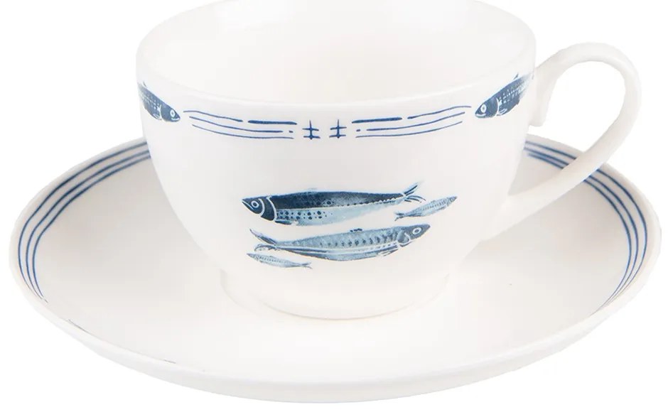 Porcelánová šálka s tanierikom s rybkami Fish Blue - 12*6*6 cm / Ø 15*2 cm / 250 ml