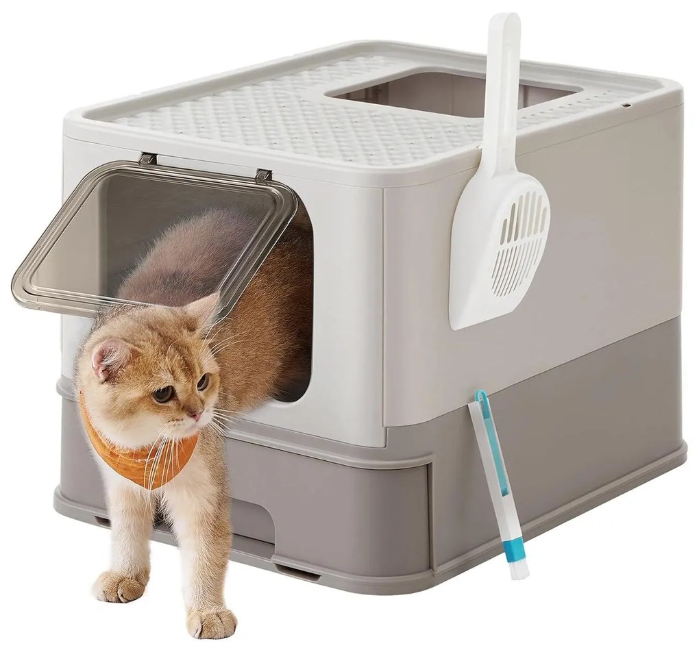 Toaleta pre mačky s vekom a výsuvným podnosom, krytá podstielka, sivá