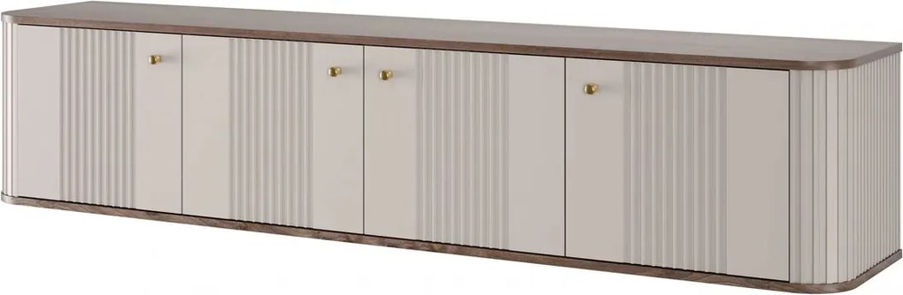Závesný TV stolík Vespera 4D 187 cm - kašmírová / orech / zlatá