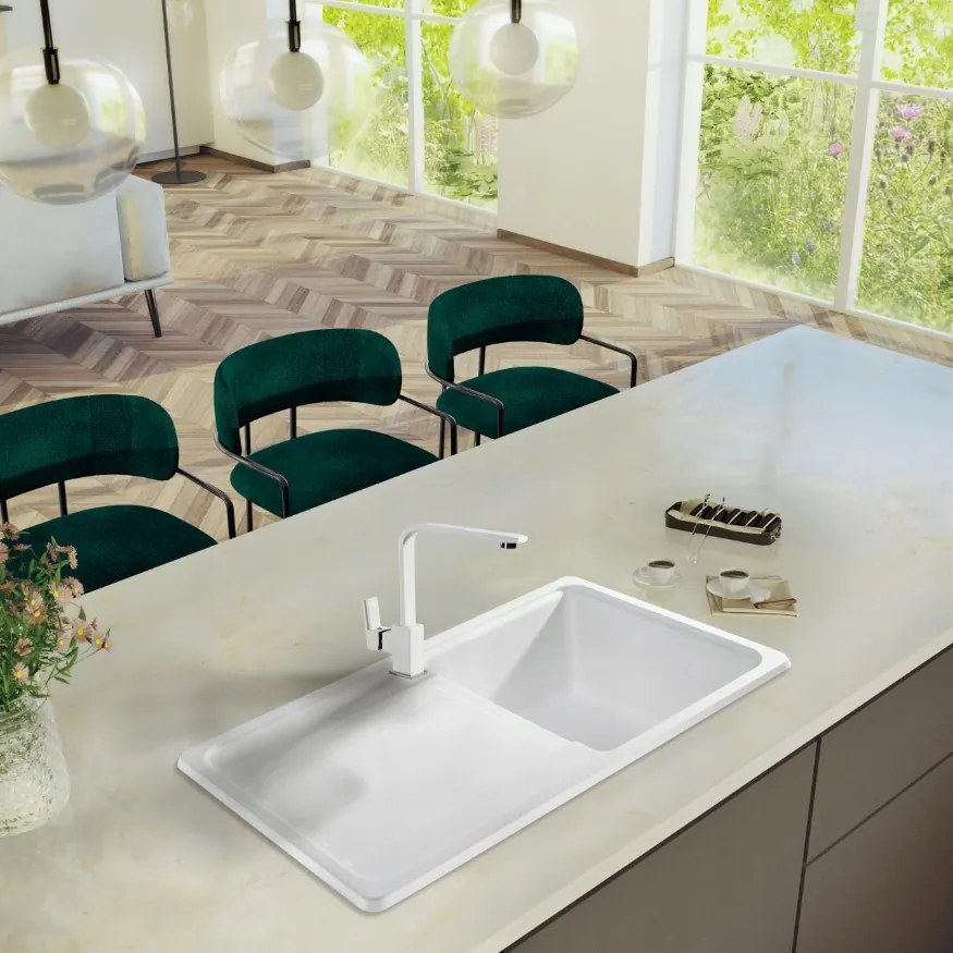 Sink Quality Sapphire, kuchynský granitový drez 755x460x190 mm + zlatý sifón, biela, SKQ-SAP.W.1KDO.XG