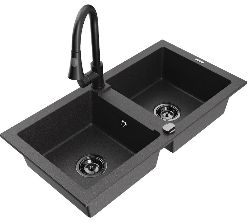 Mexen Mario, 2-komorový granitový drez 820x436x161 mm a drezová batéria Elia, čierna škvrnitá, 6504-76-670101-70-B
