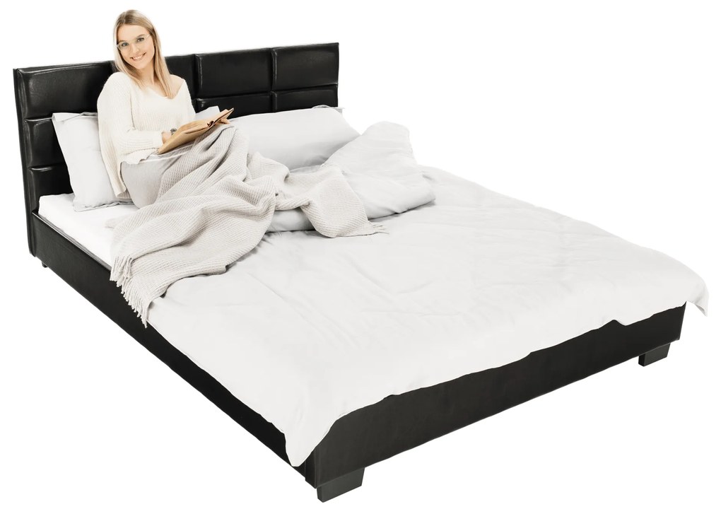 Kondela Manželská posteľ s roštom, 160x200, čierna ekokoža, MIKEL