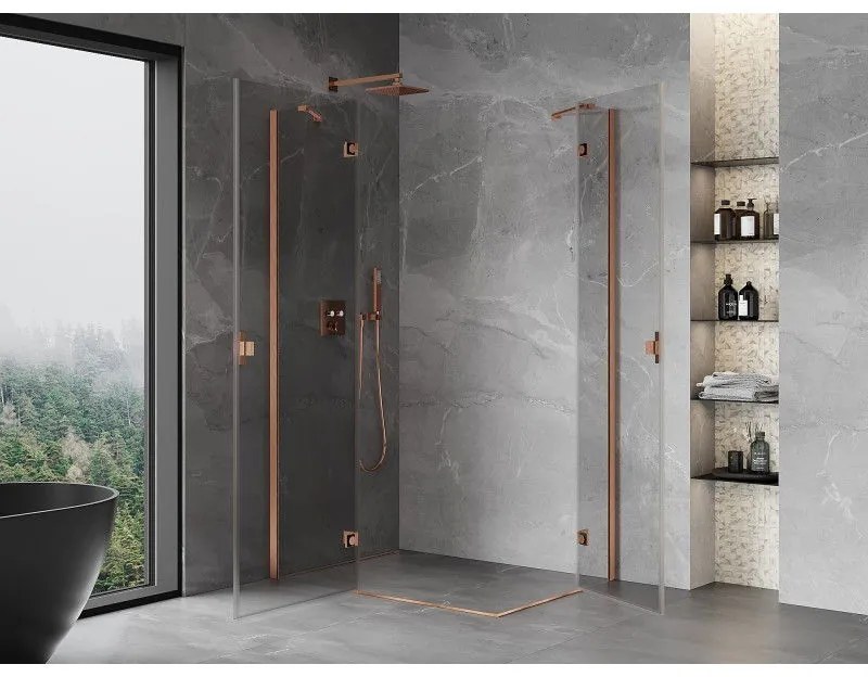 Mexen Mist-H Duo, 2-krídlový výklopný sprchový kút 110 x 105 cm, číre sklo, medený matný profil, 8A5-110L-105P-65-00