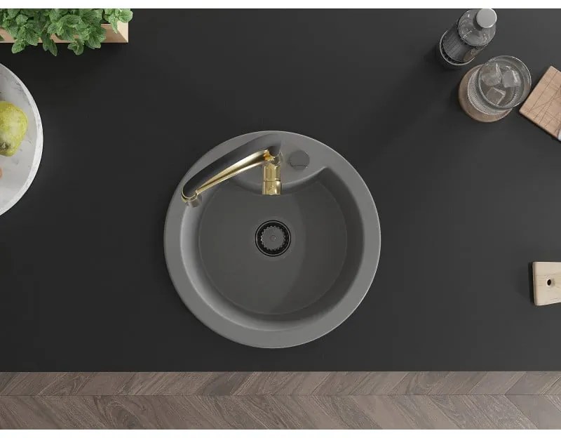 Mexen Diego, 1-komorový granitový drez 488x488x167 mm a drezová batéria Aster, šedá, 6512-71-73450-57-B