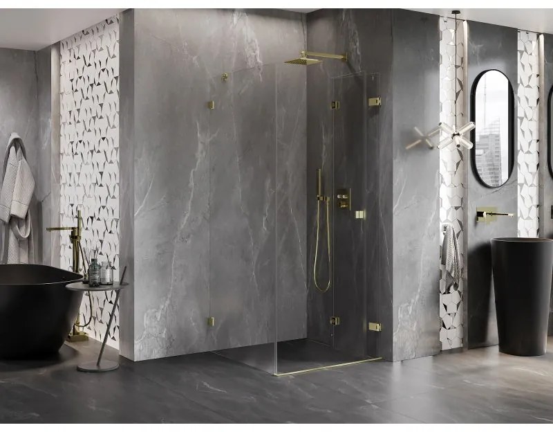 Mexen Lunar-F, 1-krídlový sprchový kút so skladacími dverami, pravý, 90 x 90 cm, 8mm číre sklo, zlatý matný profil, 836-090-090-55-00-P