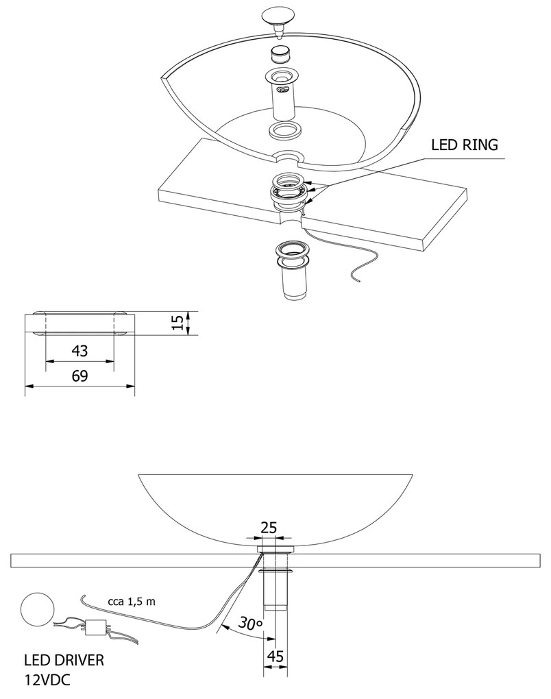 Sapho Sapho, LEDRING osvetlenie pod sklenené umývadlo 12V, 1,2W, 5000-5500K, WP94051LED