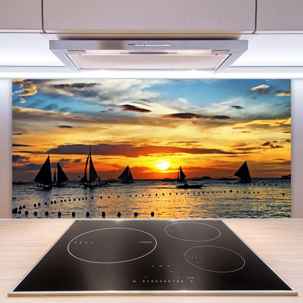 Sklenený obklad Do kuchyne Loďky more slnko krajina 140x70 cm