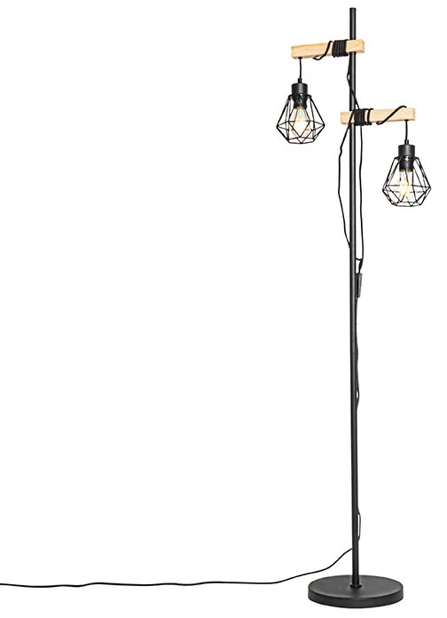 Rustikálna stojaca lampa čierna s drevom 2-svetlo - Chon