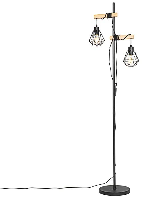 Vidiecka stojaca lampa čierna s dreveným 2-svetlom - Chon