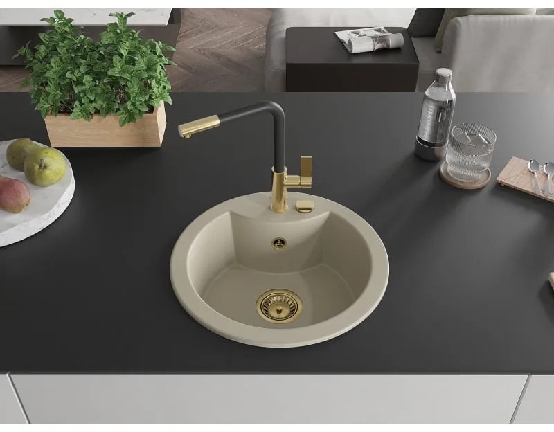 Mexen Diego, 1-komorový granitový drez 488x488x167 mm a drezová batéria Flora, béžová, 6512-69-670401-57-G