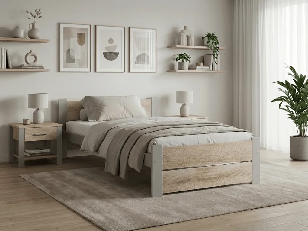 Posteľ IKAROS DOUBLE 90 x 200 cm, dub sonoma/sivá Rošt: S lamelovým roštom, Matrac: Matrac DELUXE 10 cm