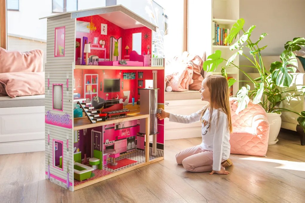 Drevený domček pre bábiky Malibu ECOTOYS – 3-poschodový s výťahom, 10-dielny nábytok